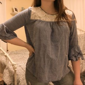 Loft Crochet Chambray Bell Sleeve Blouse